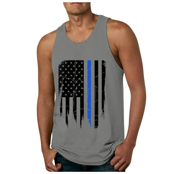 Caqnni Big and Tall Tank Tops for Men 4th of July Sleeveless Patriotic T-shirt American Flag Print Casual Workout Tank Top Summer Beach Tanks(Grey,L)