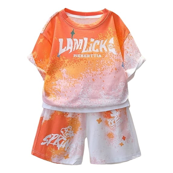 Caqnni Boy's 2 Piece Summer Beach Set Short Sleeve Tee with Elastic Waist Short Sets Cartoon Print 2PCS Set Gift Pajamas & Dailywear Set 10-11 Years,Orange