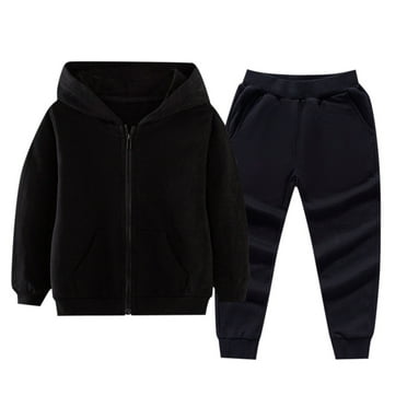 Caqnni Boys Girls Polar Fleece Jacket Jogger Set -2 Piece Fall Winter Basic Solid Pullover Hoodie and Sweatpants (Black,18-24 Months)