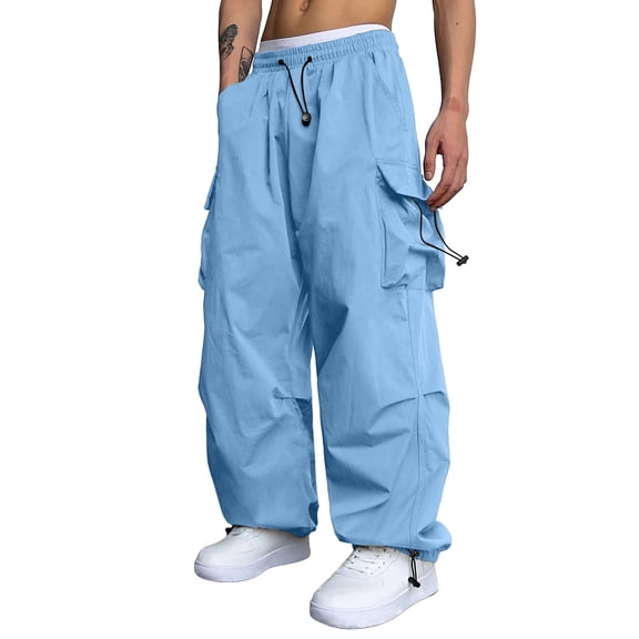 Caqnni Cargo Pants for Men Elastic Waist Parachute Sweatpant with Multi Pockets Summer Casual Baggy Hiking Pants 2024 Solid Color Work Trousers (3XL,Blue)
