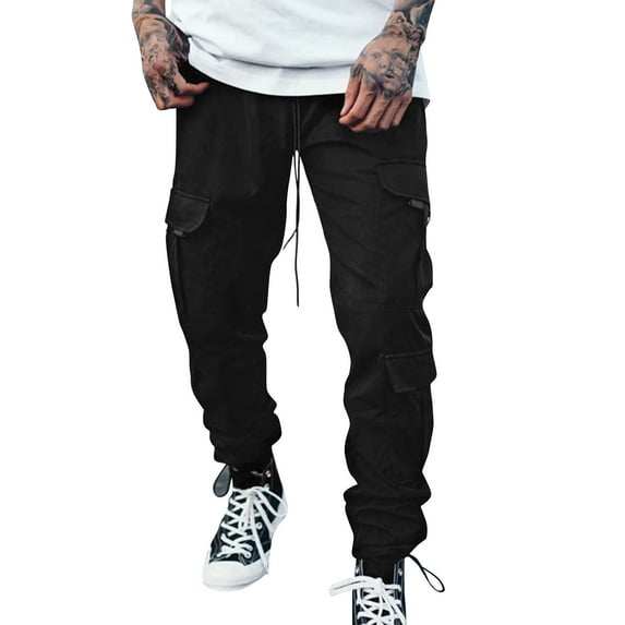 Caqnni Cargo Pants for Men Casual Cotton Drawstring Lightweight Relaxed Fit Work Pants Multi Pockets (Black,XXL)