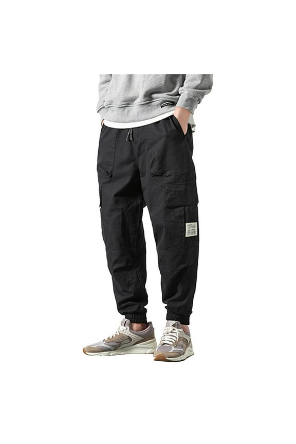 Cargo Pants for Men Stretch Parachute Pants Y2K Elastic Waist Loose Fit Quick Dry Drawstring Harem Pants (Black,M)