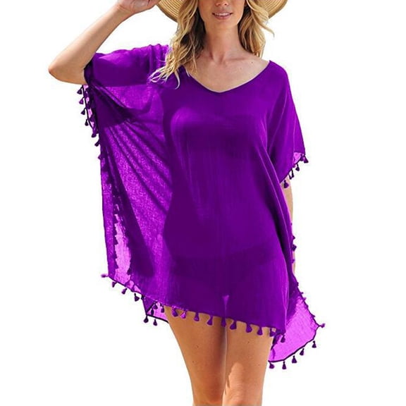 Caqnni Chiffon Beach Cover-Up for Women, Plus Size Loose Fit with Tassels, Kaftan Swimwear, Swimsuit Cover-Up for Summer, Vacation, or Beach Outings (Purple,One Size)