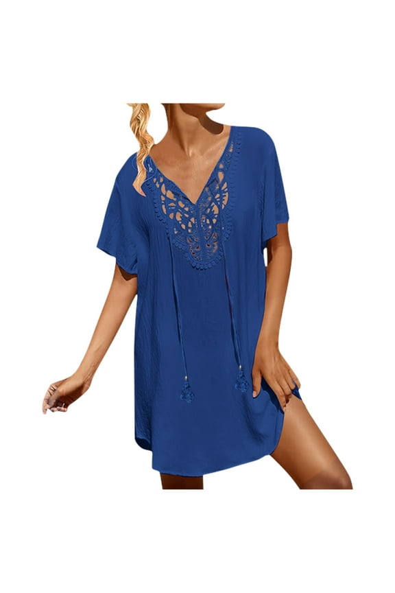 Chiffon Plus Size Swimsuit Cover-Up for Women, Loose Fit with Tassels, Kaftan Swimwear, Elegant Beach Cover-Up Tops, Comfortable Vacation Attire (Blue,XXL)