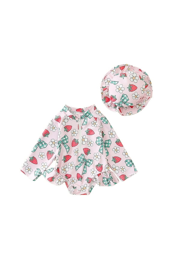 Children Clothing Girls Bow Full Print Swimsuit Female Baby Sunscreen Long Sleeved Children Swimsuit Hat Swimwear Suit for Summer Vacation 6-12 Months White