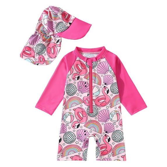 Caqnni Children Comfortable Breathable Skin Friendly Long Sleeved Swimsuit Fashionable Printed Zipper Swimsuit Swimwear Suit for Summer Vacation 4-5 Years Hot Pink