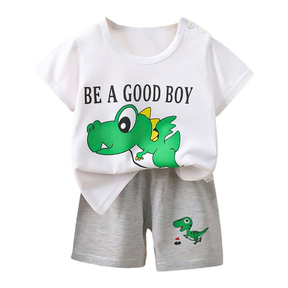 Caqnni Children's Summer Cartoon Dinosaur Print Short Sleeved Elastic Shorts Two Piece Set Boys' Casual T Shirt Set Summer Pjs Pajamas & Dailywear Set 5-6 Years,Green