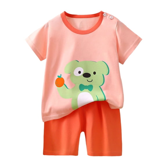 Caqnni Children's Summer Cartoon Dinosaur Print Short Sleeved Elastic Shorts Two Piece Set Boys' Casual T Shirt Set Summer Pjs Pajamas & Dailywear Set 5-6 Years,Light Pink