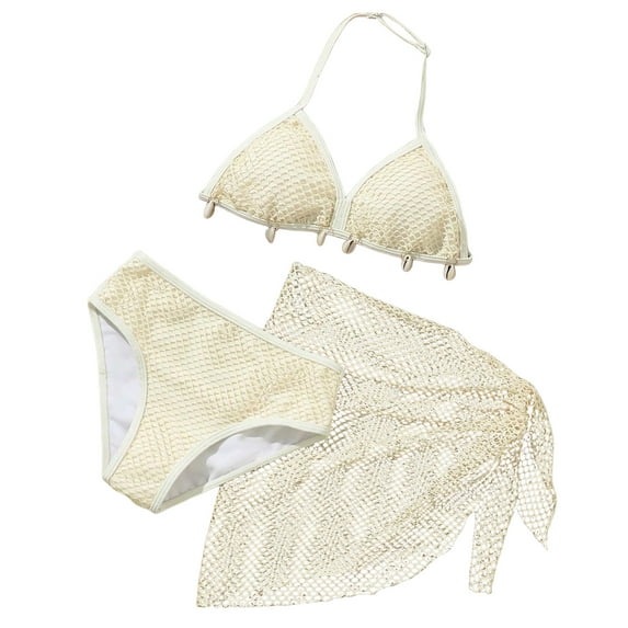 Caqnni Comfortable Soft And Breathable Bikini Two Piece Swimsuit Set For Girls Stylish Solid Color Girls Swimsuit Swimwear Suit for Summer Vacation 10-11 Years Beige