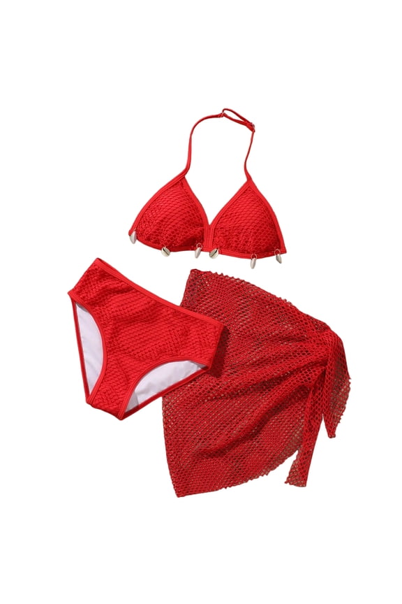 Comfortable Soft And Breathable Bikini Two Piece Swimsuit Set For Girls Stylish Solid Color Girls Swimsuit Swimwear Suit for Summer Vacation 11-12 Years Red