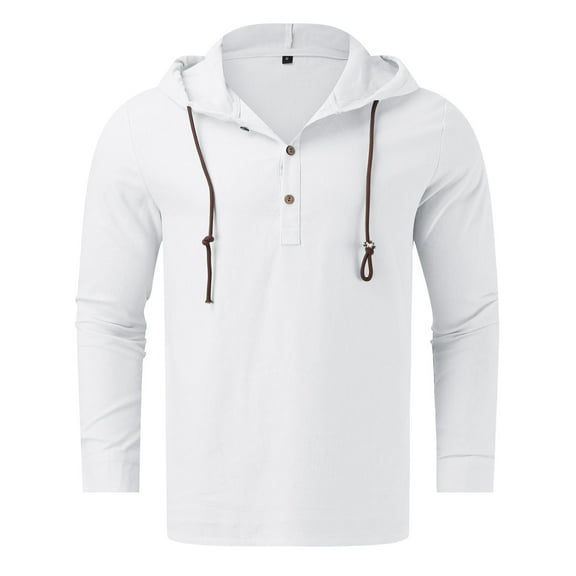 Caqnni Cotton Linen Hoodie for Men Drawstring Hooded Button Down Beach Shirt Lightweight Soft Long Sleeve Blouse Tops (White,3XL)