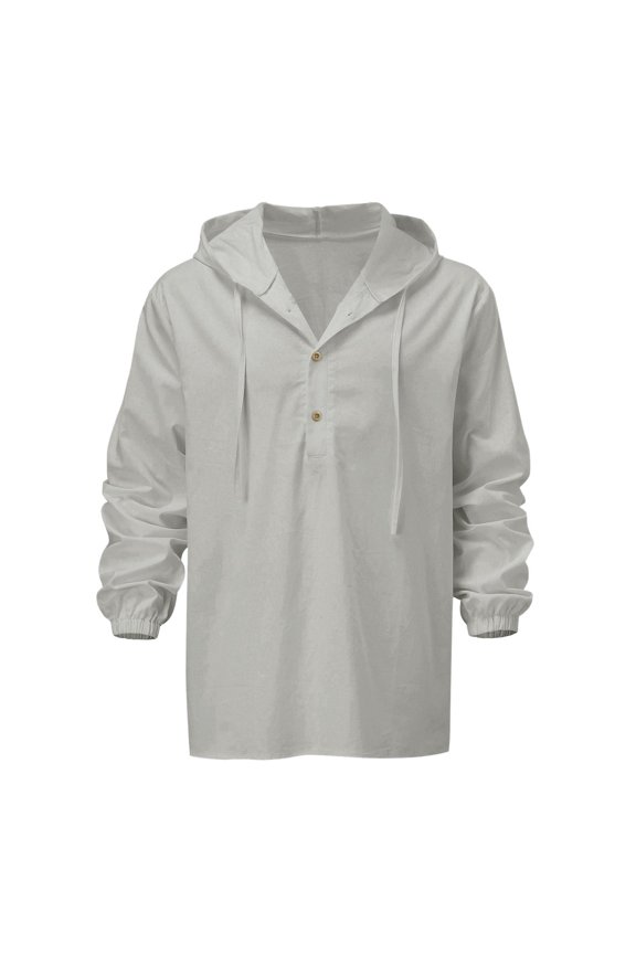Cotton Linen Hoodies for Mens, Fall Long Sleeve Hooded Casual Shirts Front Placket Button Neck Pullover Tops (Grey,XXL)