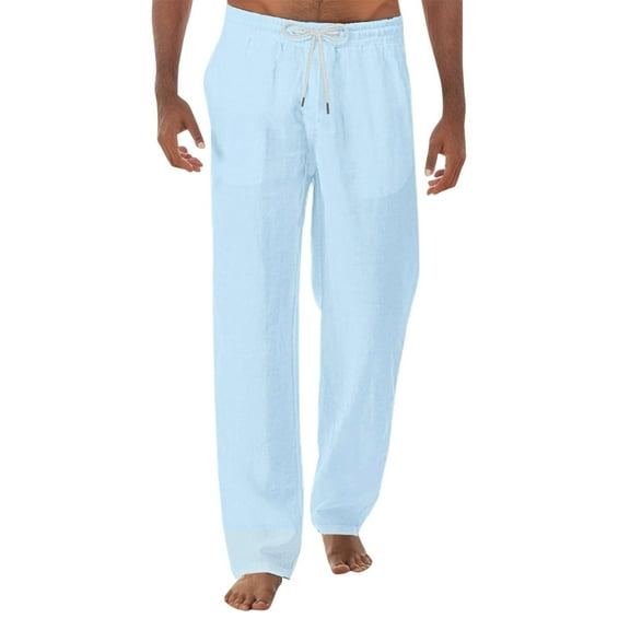 Caqnni Cotton Linen Pants for Men Elastic Waist Drawstring Straight Leg Pants Casual Loose Lounge Trousers with Pockets (Blue,L)
