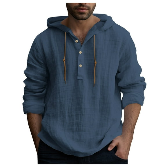 Caqnni Cotton Linen Pullover Hoodies for Men Long Sleeve Hooded Henley Shirts Casual Lightweight Yoga Tee Tops Loose Fit (Dark Blue,XXL)