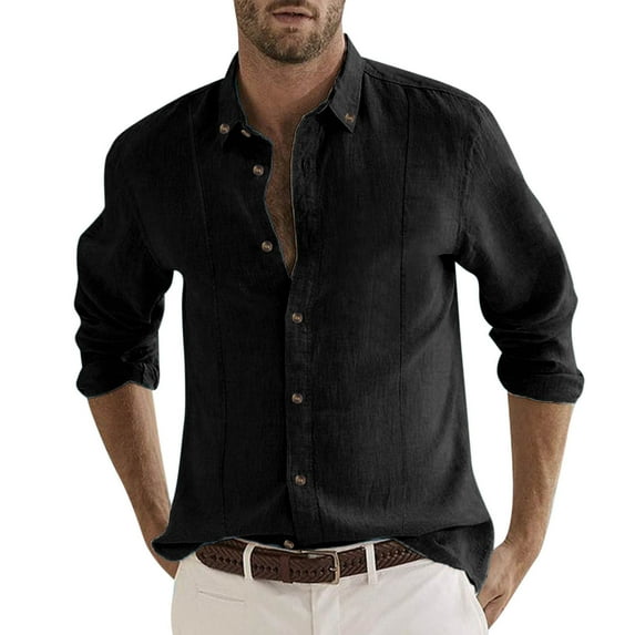 Caqnni Cotton Linen Shirt For Men Summer Spring Regular hirts (Black,M)
