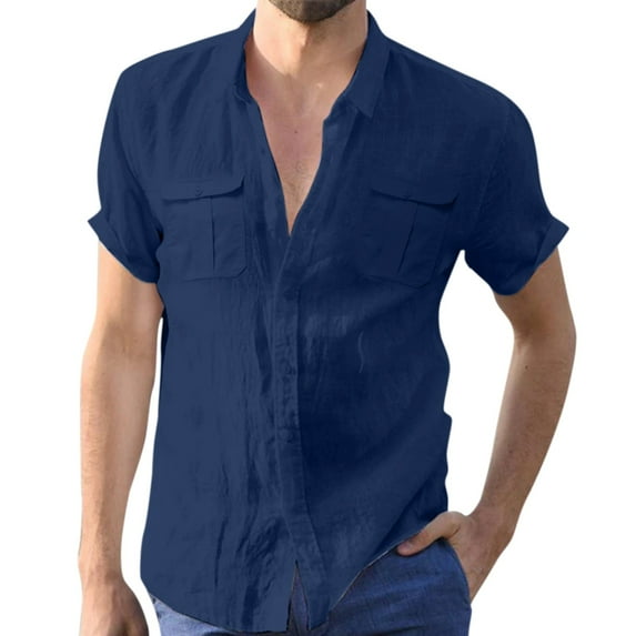 Caqnni Cotton Linen Shirt For Men Summer Spring Regular hirts (Navy,L)