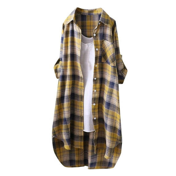 Caqnni Flannel Shirts for Women Button Up Plaid Shirt Long Pocketed Shacket Jacket Coat Long Coats (Yellow,L)