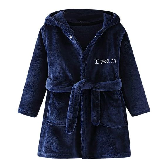 Caqnni Flannel Toddler Kids Robe Baby Boys Girls Cartoon Bathrobes Hooded Warm Flannel Night Robe Sleepwear Pajamas Pjs Homewear for 2-7 Years (A01-Navy,6-7 Years)