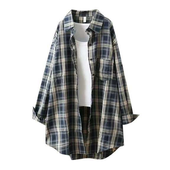 Caqnni Flannel for Women 2024 Fall Fashion Long Sleeve Plaid Button Up Shirts Shacket Blouse Top with Pockets (Navy,XXL)