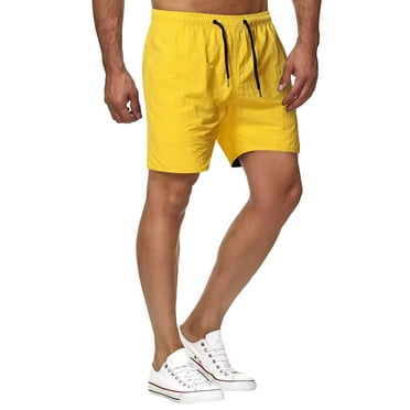 Caqnni Flat Front Short Casual Cotton Drawstring Elastic Waist Summer Beach Shorts(Yellow,XL)