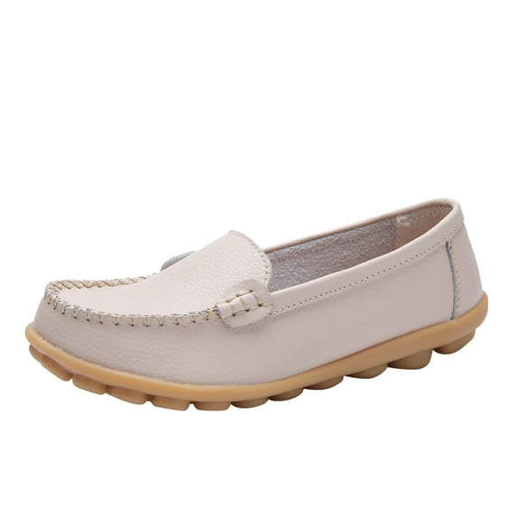Caqnni Women's Fashion Comfortable Loafers Leather Penny Loafers Flats Shoes (9,Beige)