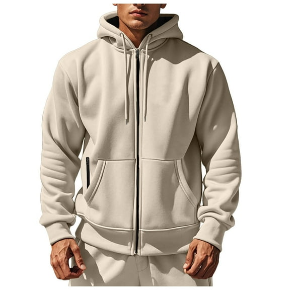 Caqnni Fleece Hoodies for Men Zipper Lightweight Spring Long Sleeve Active Mens Jackets Sports Full Zip Sweatshirts (S,Khaki)
