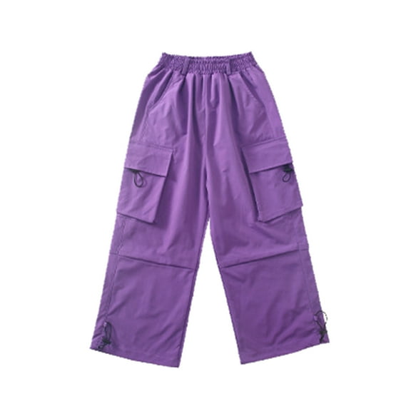 Caqnni Girl's Ruched Drawstring Waist Cargo Pants Straight Leg Trousers with Pocket Y2K Parachute Pants Cargo Jeans Baggy Jeans,10-12 Years,Purple