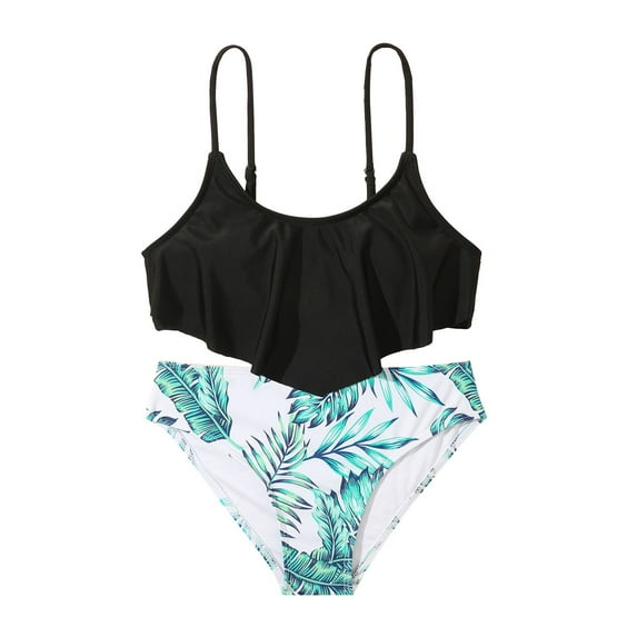Caqnni Girl's Swimsuit Two Piece Leaf Print Shorts For 7 To 14 Years Swimming Pool Hot Spring Natatorium Swimwear Suit for Summer Vacation 9-10Years Black