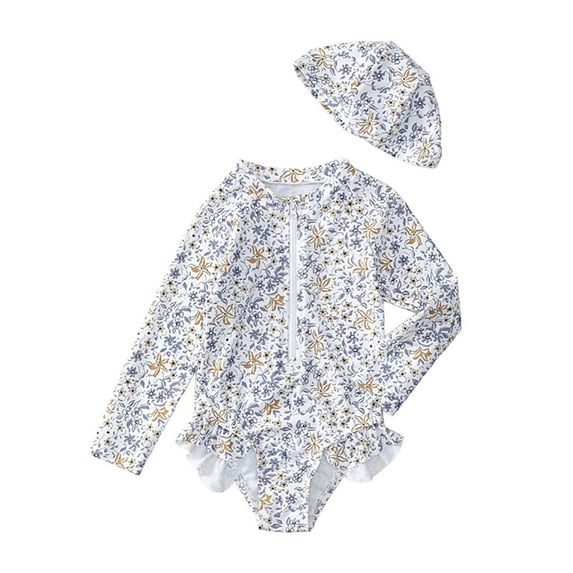 Caqnni Girls Baby Summer Cute Swimsuit Girls Floral Swimsuit Children Long Sleeved Sunscreen Swimming Swimwear Suit for Summer Vacation 3-4 Years Grey