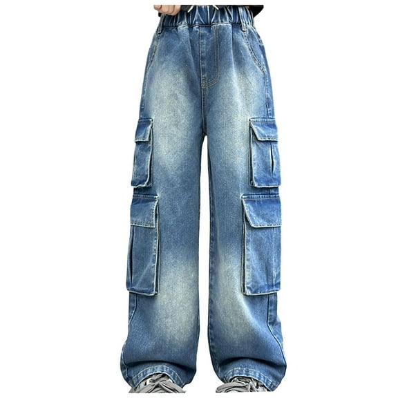 Caqnni Girls Cargo Pants Baggy Y2K Cargo Trousers Jeans Wide Leg Pants with Multi Pockets Plus Size Cargo Pants Baggy Denim Cargo Casual Jeans,7-9 Years