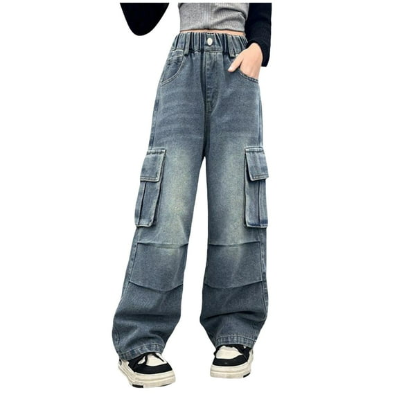 Caqnni Girls Cargo Pants Parachute Baggy with Pockets Hiking Joggers Dance Trousers Kids Plus Size Cargo Pants Jeans Baggy Pants Casual Wide Leg Cargo Pants，Blue，7-8 Years