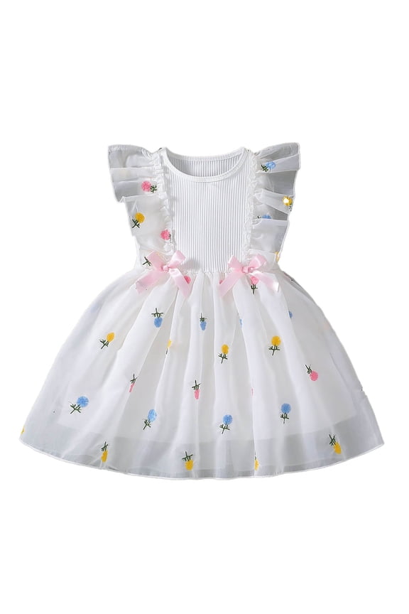 Girls Cartoon Applique Sleeve Cotton Jersey T-Shirt Casual Dress,spring and summer Summer Beach Dress (7-8 Years,White)