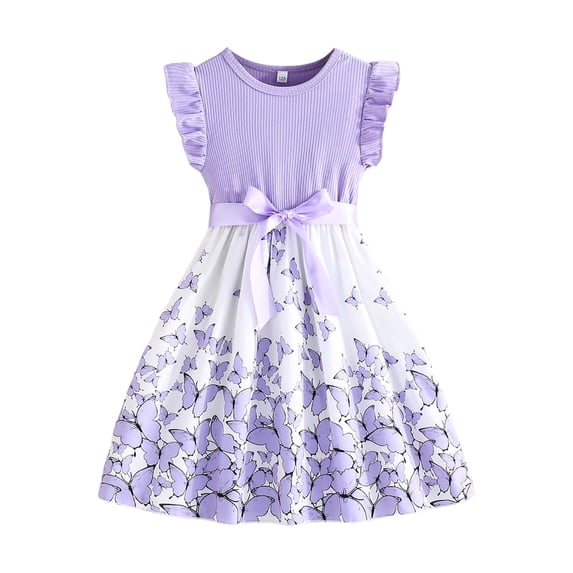 Caqnni Girls Cotton Ruffle Sleeve Tiered Swing A-Line Cute Casual Sundress,summer everyday Summer Beach Dress (9-10 Years,Purple)