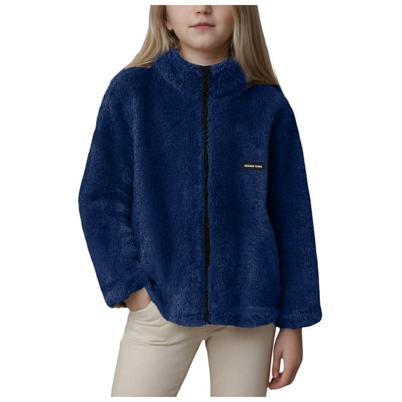 Caqnni Girls Fall Jacket Kids Fleece Jacket Girls and Toddlers' Sherpa Fleece Jacket Pullover Hooded Sweatshirt Winter Color Block Button Hoodie Jacket Coat with Pocket (6-7 Years,Blue)