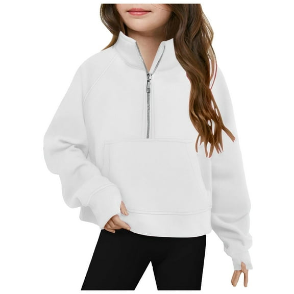 Caqnni Girls Half Zip Sweatshirt Long Sleeve Pullover Crop Tops Kids Lightweight Fleece Fashion Winter Clothes (90/3-4years,White)