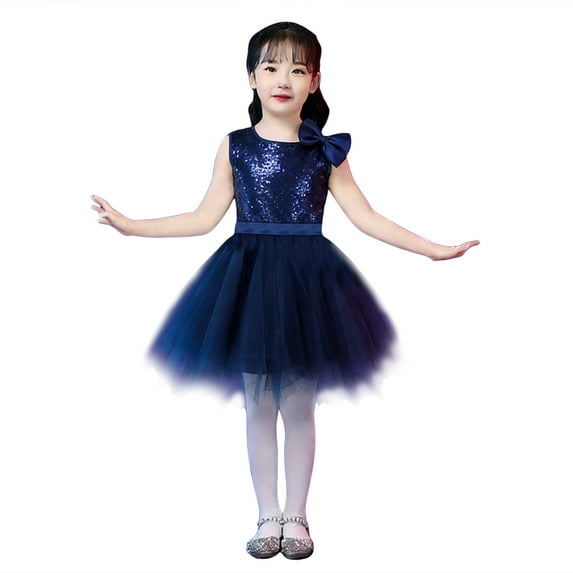 Caqnni Girls Long Sleeve Princess Party Bow Tie Tulle Skirt Holiday Birthday Wedding Outfit,special occasion Summer Beach Dress (7-8 Years,Blue)