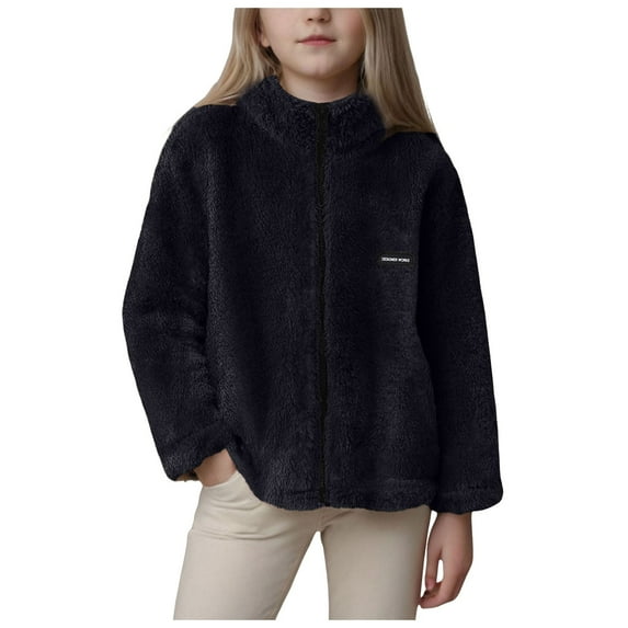 Caqnni Girls Polar Fleece Jacket Spring Sherpa Outwear Full Zip Coat with Pockets for kids Fall Winter Jackets (Z02-Black,10-11 Years)