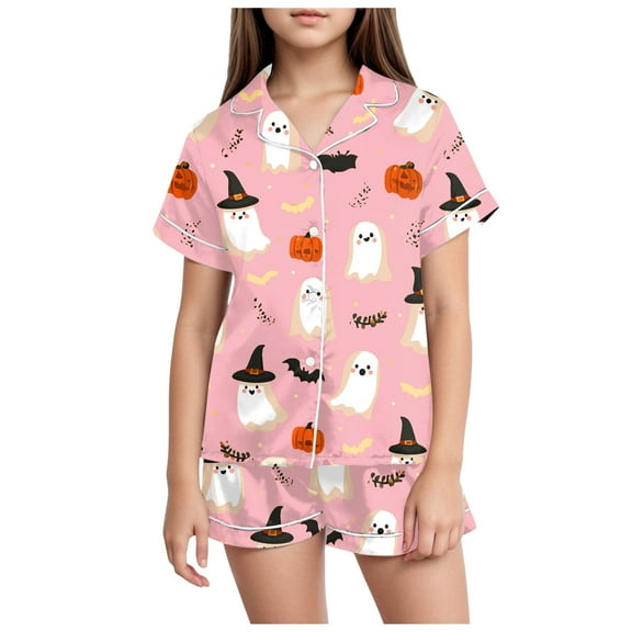 Caqnni Girls Satin Pajama Set Halloween Pumpkin Ghost Print Shirts and Shorts Short Sleeve Button Down Soft 2 Piece Outfits Halloween Pjs Sets for Girls (4-5 Years,Light Pink)
