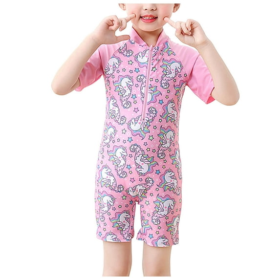Caqnni Girls Swimming Kids Swimsuit Cartoon Swimwear Zipper Bathing Suit Rash Guard Surfing Beachwear Swimwear Suit for Summer Vacation 3-4 Years Pink