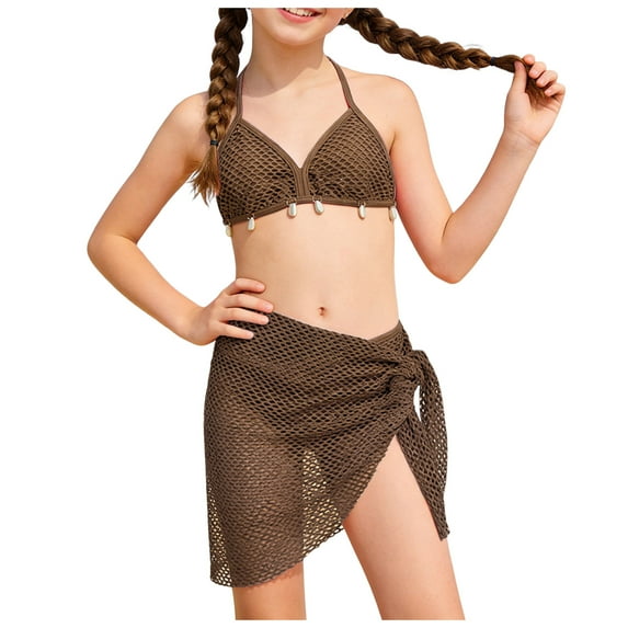 Caqnni Girls Swimsuit Adjustable String Strap High Waist Bikini 2 Piece Girls' Swimwear Set Teen Girl Bathing Suits Size 9-16 Summer Girls Swimsuits 10-11 Years,Coffee