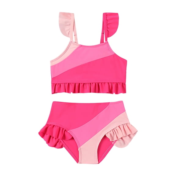 Caqnni Girls Swimsuit Comfortable Breathable Stylish Color Blocked Ruffled Two Piece Swimsuit Swimwear Suit for Summer Vacation 18-24 Months Pink