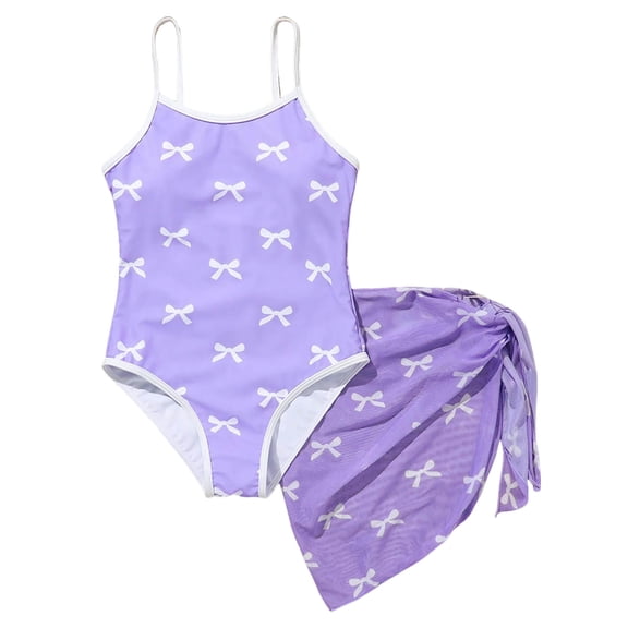 Caqnni Girls Swimsuit Set Comfortable Soft Breathable And Stylish With Bow Print Swimwear Suit for Summer Vacation 8-9 Years Purple