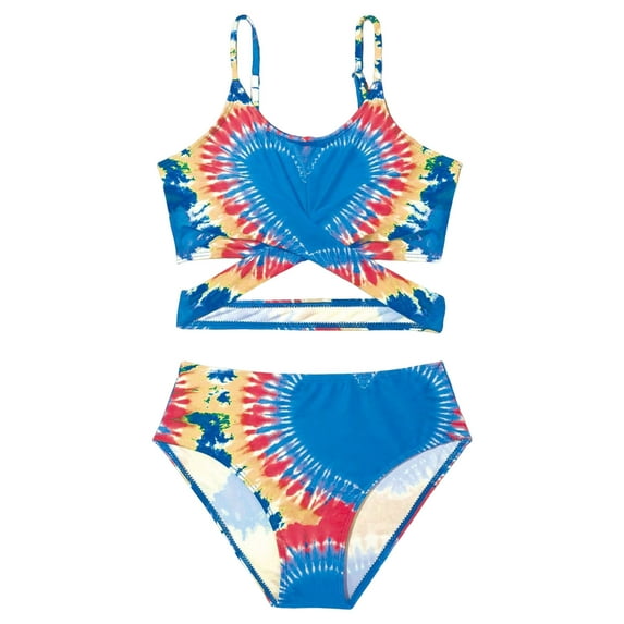 Caqnni Girls Swimsuit V-Neck Shell Stitched Solid Color High Waisted 2 Piece Bathing Suit Bikini 9-16T Summer Beach Girls Swimsuits 10-11 Years,Blue