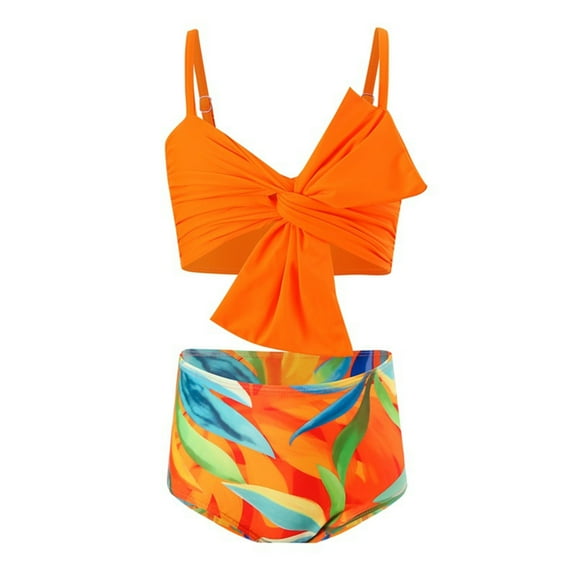 Caqnni Girls Swimwear Solid Color Large Bow Print Split Two Piece Dress Swimsuit Swimwear Suit for Summer Vacation 8-10 Years Orange
