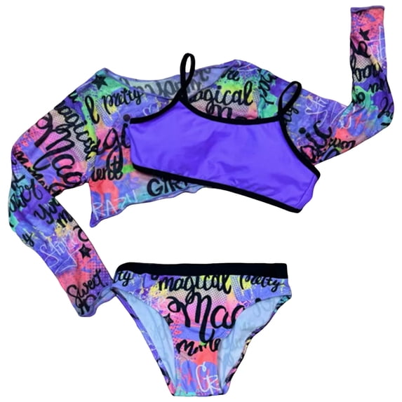 Caqnni Girls Three Piece Swimsuit Set With Mesh Mesh Swimsuit And Floral Swim Cover Up For Older Children Swimwear Suit for Summer Vacation 9-10 Years Purple