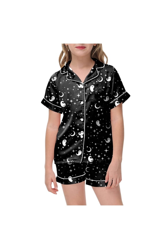 Caqnni Halloween Pajamas Sets for Girl Short Sleeve Button Down Pjs Funny Halloween Graphic Soft Sleepwear Outfits Girls Halloween Pajamas Sets (10-11 Years,Black)