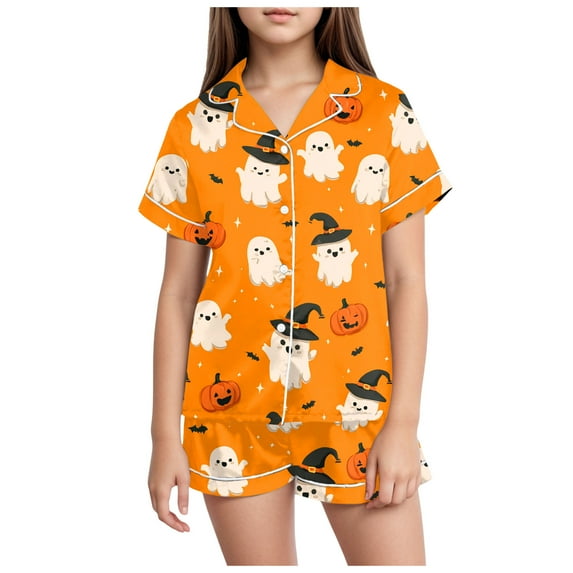 Caqnni Halloween Pjs Girls Satin Pajamas Set Pumpkin Print Short Sleeve Button-Down Shirt and Shorts 2 Piece Sleepwear Halloween Pjs Girls (10-11 Years,Yellow)