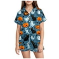 thumbnail image 1 of Caqnni Halloween Pjs Girls Satin Pajamas Set Pumpkin Print Short Sleeve Button-Down Shirt and Shorts 2 Piece Sleepwear Halloween Pjs Girls (4-5 Years,Navy), 1 of 5
