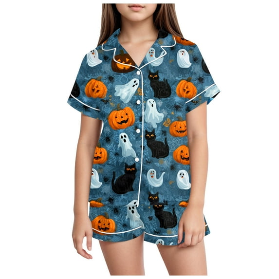 Caqnni Halloween Pjs Girls Satin Pajamas Set Pumpkin Print Short Sleeve Button-Down Shirt and Shorts 2 Piece Sleepwear Halloween Pjs Girls (4-5 Years,Navy)