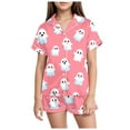 thumbnail image 1 of Caqnni Halloween Pjs Girls Satin Pajamas Set Pumpkin Print Short Sleeve Button-Down Shirt and Shorts 2 Piece Sleepwear Halloween Pjs Girls (6-7 Years,Pink), 1 of 5